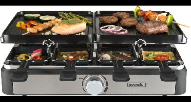 Bourgini Gourmet Raclette Grill Plus - 8 personen - Afneembare en omkeerbare grillplaten - Regelbare thermostaat - Inclusief 8 pannetjes en houten spatels