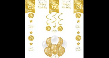 Feestpakket Verjaardag Versiering 60 Jaar - Goud - Wit - 14 Stuks - Versiering - Decoratie - Pakket - Leeftijden - Slinger - Ballonnen - Hangdecoratie - Swirls - Thema Versiering