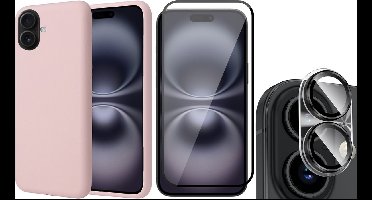 Hoesje geschikt voor iPhone 16 - Screenprotector Volledig Dekkend Glas & Camera - Matte Case Roze met Fluweelzachte Binnenzijde