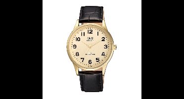 Q&Q C214J103Y - Horloge - Analoog - Heren - Mannen - Leren band - Rond - Staal - Cijfers - Zwart - Goudkleurig - 3 ATM