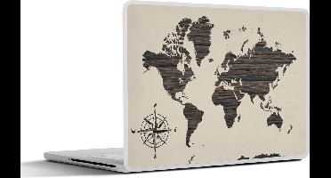 Laptop sticker - 14 inch - Wereldkaart - Hout - Kompasroos - 32x5x23x5cm - Laptopstickers - Laptop skin - Cover