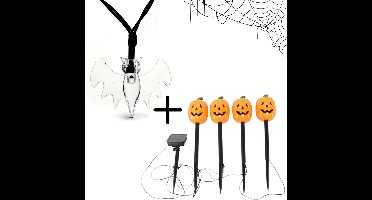 Halloween solar verlichtingsset - Vleermuis en Pompoen - Halloween verlichting - Lichtslinger en priklampen - Feestverlichting