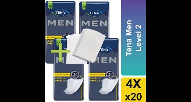 TENA Men Level 2 - Incontinentie Mannen - Inclusief 4 Wegwerp Washandjes - 4 pakken - Voordeelverpakking - 80 stuks - Incontinentie verband