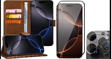 Hoesje geschikt voor iPhone 16 Pro Max - Screenprotector Volledig Dekkend Glas & Camera - Portemonnee Book Case Bruin