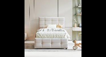 Gestoffeerd hydraulisch opbergbed 90x200 cm - in hoogte verstelbaar hoofdeinde - eenpersoons hoog bedstee - fluwelen stof - beige