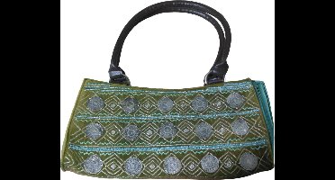 Handtas dames zachte stof bruin-groen met pailletten + diverse patronen