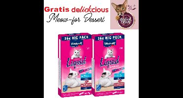 2 stuks Vitakraft liquid snack multipack zalm en leverworst met GRATIS delickcious toetje