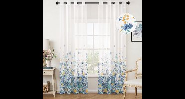 Boraboi ® Transparante Marineblauwe Bloemengordijnen met Ingestanste Ringen voor Slaap- en Woonkamer - Set van 2, 140 x 225 cm