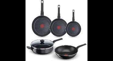 Tefal Easy Cook & Clean Pannenset - Koekenpannen 20/24/28cm + Wokpan 28cm + Hapjespan 28cm - Niet geschikt voor Inductie - Anti-aanbaklaag - Aluminium - Zwart