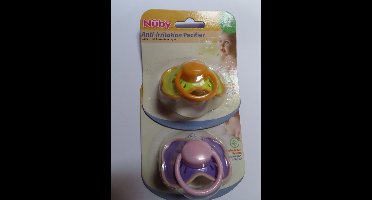 Nuby - Fopspeen - 2 Pack - Geel / orange en lila / roze - Rubber - 6 maand +