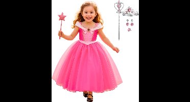 Joya Kids® Roze verkleedjurk korte Mouw | Zomerse Roze Prinsessenjurk | verkleedkleding Meisje | Hard roze Jurk + kroontje & Staf & Sieraden | Cadeau meisje Maat 110