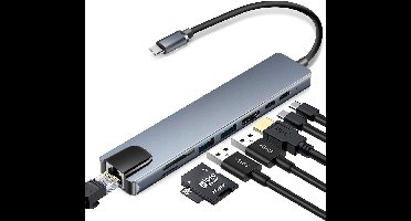 8-poorts USB-C-hub met USB, UBC PD, HDMI, RJ45, geheugenkaart