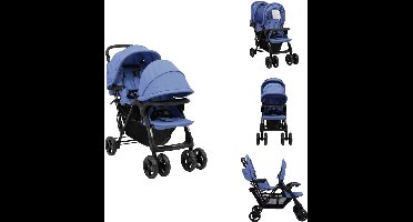 vidaXL Tandem Kinderwagen - Tandem Kinderwagens - Tweeling Kinderwagen - Tweeling Kinderwagens - Tweelingkinderwagen tandem staal marineblauw