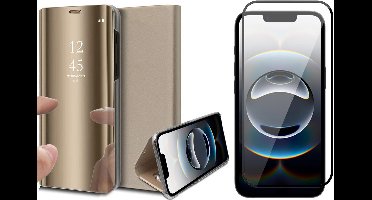 Hoesje geschikt voor iPhone 16e - Screenprotector Volledig Dekkend Glas - Spiegel Book Case Goud