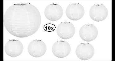 10x Lampion papier wit met draadstalen frame