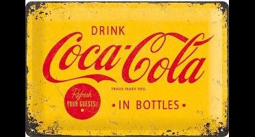 Coca Cola yellow logo. Retro reclame wandbord. Reclamebord Amerika USA. Metaal