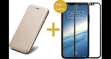 Hoesje Kunstlederen Book Case geschikt voor Apple iPhone Xs / X + Screenprotector Volledig Dekkend - Goud Siliconen iCall Wallet