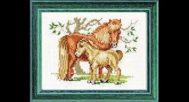 Pako Borduurpakket met tel patroon - shetland pony en veulen - 210.821 - voorgesorteerd garen - Aida ivoor - 13 x 17 cm - DIY kit