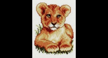 Pako Borduurpakket met telpatroon - Jong Leeuwtje - 210.846 - voorgesorteerd garen - Aida ivoor - 13 x 17 cm - DIY kit