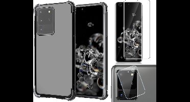 Hoesje geschikt voor Samsung S20 Ultra en Screenprotector en Camera Protector - Transparant Shock Proof Siliconen Case + Screen Protector + Camera Protector