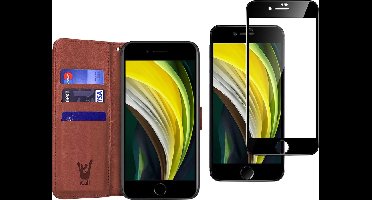 Hoesje geschikt voor iPhone SE 2022 / 2020 / 8 / 7 - Screen Protector FullGuard - Book Case Kunstleer Pasjeshouder Bruin & Screenprotector