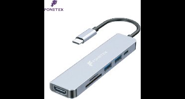 FoneTex - USB C Hub 3.0 – 6 Poorten - USB Splitter - USB C naar HDMI - USB Hub 3.0 - Docking Station Laptop - Micro SD Card Reader - HDMI 4K
