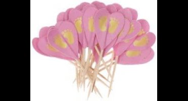 Cocktailprikkers Hart Roze met Babyvoetjes - 25 Stuks (Babyshower & Gender Reveal)