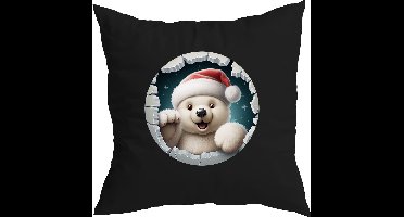 Zwarte kerst kussenhoes met Full color Ijsbeer in Sneeuwbal (envelop sluiting 40 x 40)