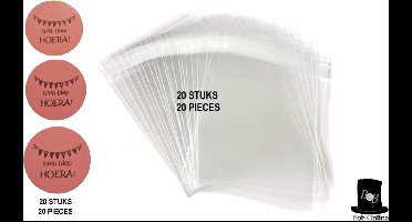 Bob Online™ - 20 Stuks Zakjes + 20 Stuks Roze ‘hiep Hiep Hoera’ Stickers – DIY Transparant Zelfsluitende Cellofaanzakjes 14x14,5cm – Voor Koekjes & Feestartikelen – Traktatie Cellofaanzakjes – 20 x Packets + 20 x Pink ‘hiep Hiep Hoera’ Stickers