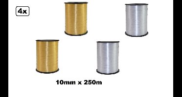4x Krullint goud en zilver 10mm x 250meter | Vernieuwd, nu met folie beschermlaag om de verpakking |krullint | decoratie| thema feest| versiering