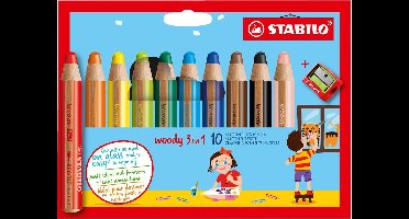 STABILO woody 3 in 1 - Multi Talent Kleurpotloden - Etui Met 10 Kleuren + Puntenslijper