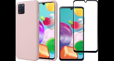 Hoesje geschikt voor Samsung A41 en Screenprotector - Liquid Siliconen Case Roze + Screen Protector Full