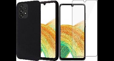 Hoesje geschikt voor Samsung Galaxy A33 - Matte Back Cover Microvezel Siliconen Case Hoes Zwart - Tempered Glass Screenprotector