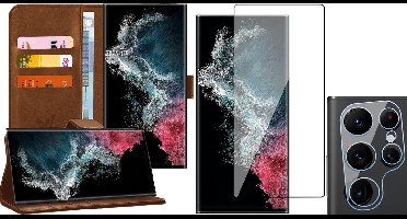 Hoesje geschikt voor Samsung Galaxy S22 Ultra - Book Case Kunstleer Wallet Cover Portemonnee Pasjeshouder Hoes Bruin - Full Tempered Glass Screenprotector - Camera Lens Protector