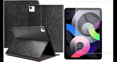 Hoes geschikt voor iPad Air 2022 / 2020 10.9 inch - Leren Book Case Cover Zwart - Tempered Glass Screenprotector