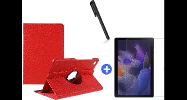 Hoesje Geschikt Voor Samsung Galaxy Tab A8 Hoes 10.5 inch 2021 draaibare hoesje - Rood + tempered glass screenprotector + stulus pen