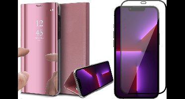 Hoesje geschikt voor iPhone 13 Pro Max en Full Screenprotector - Spiegel Book Case - Roze