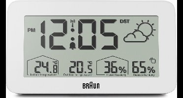 Braun BC13WP-DCF - Weerstation - LCD-scherm - Achtergrondverlichtingsfunctie - Vochtigheid - Weergegevens - Weervoorspelling - Radiogestuurde functie - 12/24 uur modus - Wekkerfunctie - Snooze - Wit