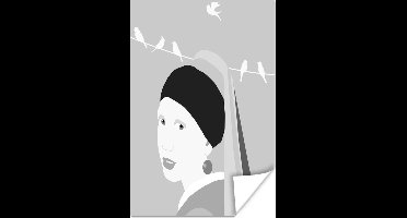 Poster Meisje Met De Parel - Zwart - Wit - Vogel - 20x30 cm