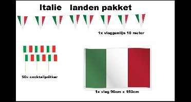 Italie versiering pakket - Vlag Italie 150cmx90cm (1x) - Cocktailprikkers Italie (50x) - Vlaggenlijn Italie 1000cm(1x) - WK voetbal festival evenement party decoratie (Italie)