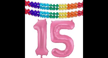 Folat Verjaardag Leeftijd folieballon - 15 jaar - roze - 86 cm - cijferballon groot - incl 2x feestslingers