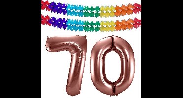 Folat Verjaardag Leeftijd folieballon - 70 jaar - rosé goud - 86 cm - cijferballon groot - incl 2x feestslingers