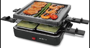 Emerio Gourmetset - Raclettegrill - 600W - 4 Personen - Anti-aanbaklaag - Stalen Grillplaat - Anti-Slip - Incl. 4 Houten Spatels + Pannetjes - RG-120656 Zwart