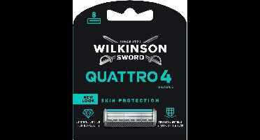 Wilkinson Sword Quattro Navulmesjes voor mannen, 4 mesjes met diamantcoating, 8 navulmesjes