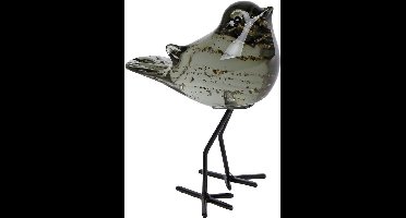 Sculptuur vogel Finch o/voet helder/d.groen glas 11x8x14cm.
