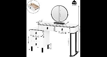 Make-uptafel met LED Spiegel 100x126x40 cm – 360° Draaibare Spiegel, 3 Lichtmodi, 5 Laden, Zijkast, Modern Bruin-Houtlook & Wit – Kaptafel voor Slaapkamer en Make-up – Pauwhome