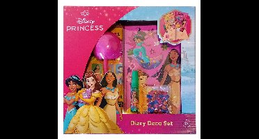 Disney Princess - Dagboek Deco Set - schrift - pen met roze fluffy pompom - stickervel - stempel - stempelinkt - markeerstift - loafers - Pocahontas - Jasmine - Belle