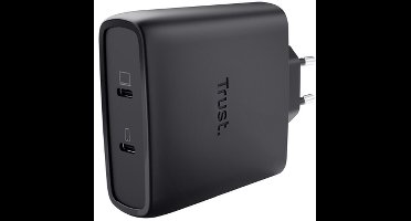 Trust Maxo 100W GaN USB-C Oplader – 2x USB-C Poorten – Snel Laptop, Tablet & Smartphone Opladen – Compact en Efficiënt – Geschikt voor Windows Laptops, MacBooks, Android & iPhone – 2m kabel - Zwart