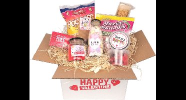 Valentijn Cadeaupakket "Happy Valentine" - Verwenbox met Snoep, Popcorn & Kaaswafels - Valentijnscadeau Vrouw & Man - Zoet & Hartig
