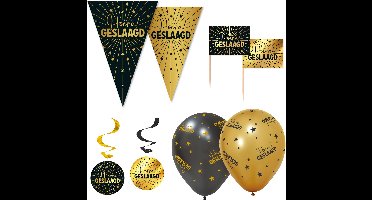 Feestpakket Hoera Geslaagd! Zwart Goud XL – Vlaggenlijn 10 meter + 6 Ballonnen + 50 Prikkers + 4 Swirls – Golden Celebrations Decoratie